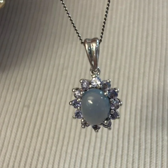 Genuine Ocean Blue Opal & Tanzanite Halo Pendant Necklace 1.62 ct. .925